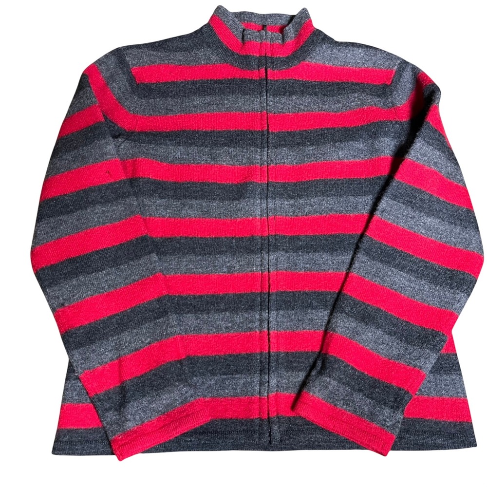 Talbots 100% Wool Full Zip Sweater Red Grey Striped Mock Neck Size M Preppy Knit